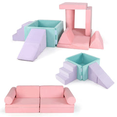 8 Pieces Kids Play Couch Foam Building Fort Play Set with Suede Cover-Pink