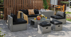 8 Piece Patio Rattan Set with Storage, Nesting Design and Waterproof Cover, Black