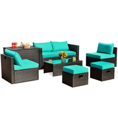 8 Piece Brown Rattan Patio Set with Storage Box, Ottomans and Cover, Turquoise