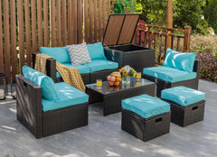 8 Piece Brown Rattan Patio Set with Storage Box, Ottomans and Cover, Turquoise