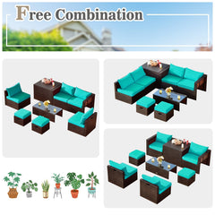 8 Piece Brown Rattan Patio Set with Storage Box, Ottomans and Cover, Turquoise