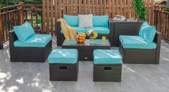 8 Piece Brown Rattan Patio Set with Storage Box, Ottomans and Cover, Turquoise