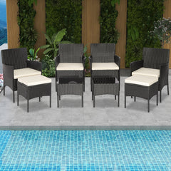 8 Piece Black Wicker Patio Conversation Set with 4 Chairs, 2 Ottomans and 2 Glass Tables, Off White