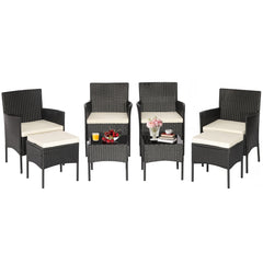 8 Piece Black Wicker Patio Conversation Set with 4 Chairs, 2 Ottomans and 2 Glass Tables, Off White