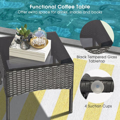 8 Piece Black Wicker Patio Conversation Set with 4 Chairs, 2 Ottomans and 2 Glass Tables, Off White