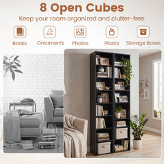 8-Tier Narrow Bookshelf with 4 Adjustable Shelves and Storage Cubes-Black