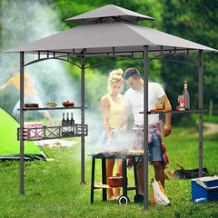 8 x 5 Feet Outdoor Grill Gazebo with 2 Side Shelves and 10 Hooks-Gray