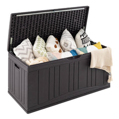 300 L Outdoor Deck Box with Lockable Lid for Garden Tools Cushions-Brown