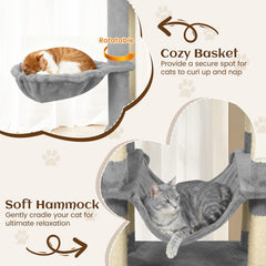 80 Inch Light Grey Cat Tree with Two Condos, Two Perches and a Hammock
