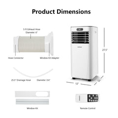 8000 BTU 3-in-1 Portable Air Conditioner with Remote Control, White, Cools 230 sq ft