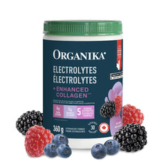 Organika Canadian-Made Electrolytes + Enhanced Collagen - Wildberry Flavour - Sugar-Free Hydration | 5g Protein + 100% of Daily Vitamin C | 360g, 30 Servings