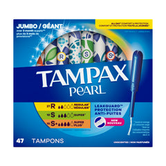 Tampax Pearl Tampons Multipack, with LeakGuard Braid, Regular/Super/Super Plus Absorbency, Up to 100% Leak and Odor Free Protection, Unscented, 47 Count