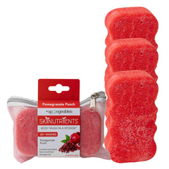 Spongeables Skinutrients Body Wash in a Sponge, Pomegranate Punch, With Bonus Travel Bag, 20+ Washes, Pack of 3