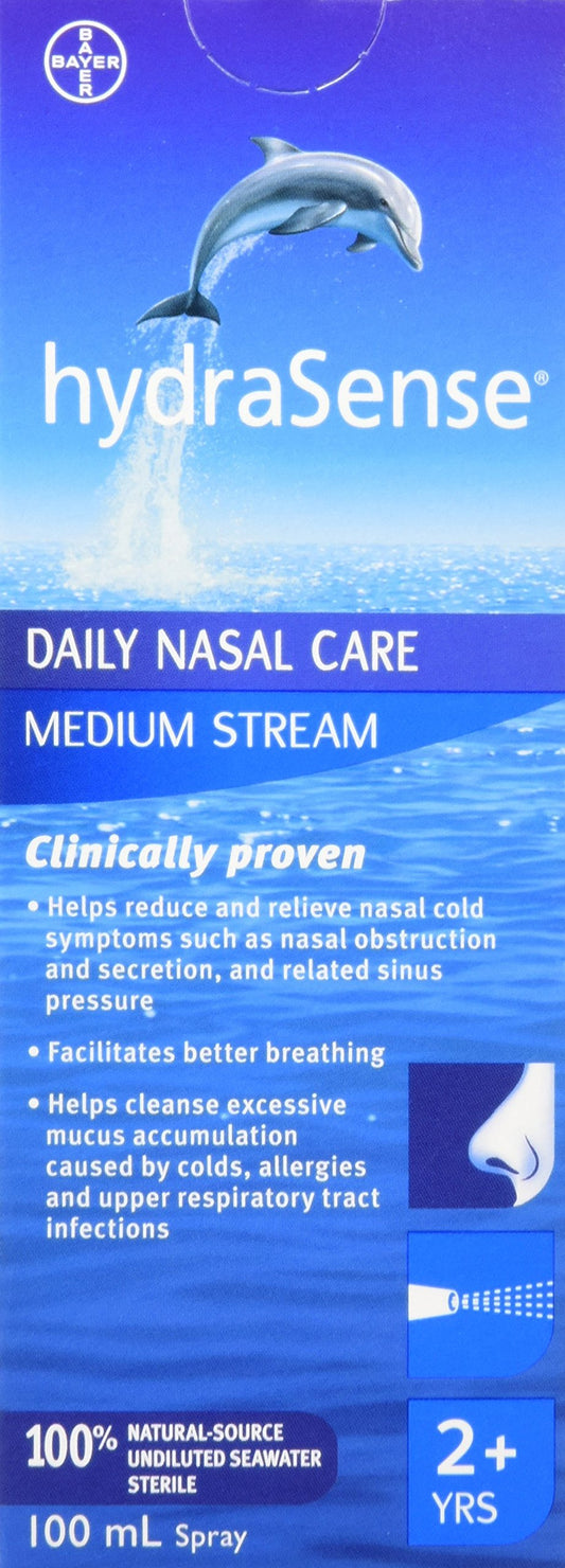 hydraSense Medium Stream Nasal Spray, Daily Nasal Care, 100% Natural Source Seawater, Preservative-Free, 100 mL