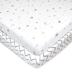 American Baby Company 2 Pack Printed 100% Natural Cotton Jersey Knit Fitted Portable/Mini-Crib Sheet, Grey Stars and Zigzag, Soft Breathable, for Boys and Girls