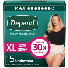 Depend Fresh Protection Adult Incontinence Underwear for Women (Formerly Depend Fit-Flex), Disposable, Maximum, Extra-Large, Blush, 15 Count