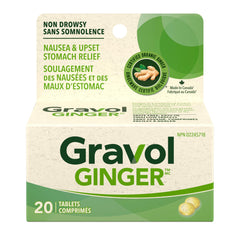 Gravol Ginger - Anti Nausea and Upset Stomach Relief with Organic Ginger Extract - Made in Canada - Non-Drowsy, Taste-Free and Easy to Swallow - 20 Tablets (Pack of 1)