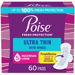 Poise Ultra Thin Incontinence Pads with Wings & Postpartum Incontinence Pads, 5 Drop Maximum Absorbency (5-Drop), Long Length, 60 Count (3 x 20ct)