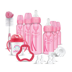 Dr. Brown's Options+ Baby Bottles Pink Gift Set with Silicone Teether, Pink Sippy Cup, Pink Bottle Brush and Travel Caps, Includes 6 Narrow Pink Baby Bottles