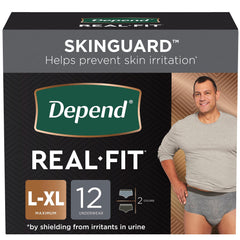 Depend Real Fit Adult Incontinence Underwear for Men, Maximum Absorbency, L/XL, Black & Grey, 12 Count