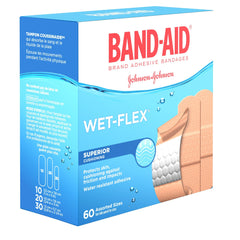 Band-Aid Water Resistant Wet-Flex Adhesive Bandages, Assorted Sizes Value Pack, Small, Regular, Large, 60 Bandages