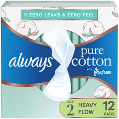 Always Pure Cotton Feminine Pads for Women, FlexFoam Pads with Wings, Size 2, Heavy Absorbency, Unscented, 12Count