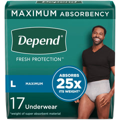Depend FIT-FLEX Adult Incontinence Underwear for Men, Maximum Absorbency, L, Grey, 17 Count