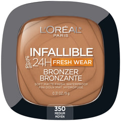 L'Oréal Paris Infallible Up to 24H Fresh Wear Bronzer, Longwear Soft Matte Finish Bronzer Powder, Waterproof & Heatproof, 350 Medium, 0.31 oz