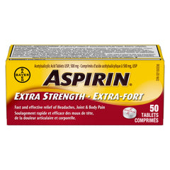 Aspirin Extra Strength, 500mg ASA, Fast and effective relief of Headaches, Joint and Body Pain, Fever, 50 Tablets