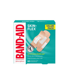 Band-Aid Adhesive Bandages for Cuts and Scrapes, Skin-Flex, Assorted Sizes Value Pack, Small, Regular, Large, 60 Bandages