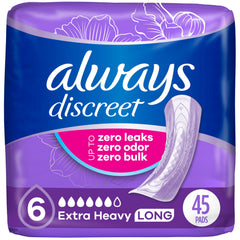Always Discreet Adult Incontinence Pads for Women, Extra Heavy Absorbency, Long Length, Postpartum Pads, Up to 100% Bladder Leak ProteCountion, 45 Count