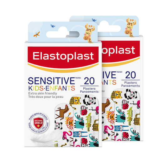 Elastoplast Sensitive Kids Bandages | 20 Strips, 2 sizes - Pack of 2 | Hypoallergenic | Extra skin-friendly | Soft & Breathable Material | Painless to Remove | Latex Free
