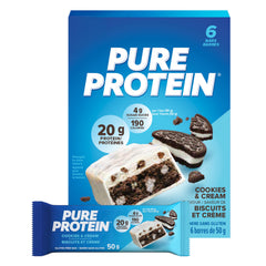 Pure Protein Bars - Nutritious, Gluten Free bar, made with Whey protein blend - low sugar, protein snack. Deliciously satisfying. Made in Canada, Cookies and Cream (Pack of 6)