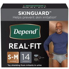 Depend Real Fit Adult Incontinence Underwear for Men, Maximum Absorbency, S/M, Black & Grey, 14 Count