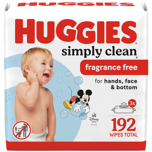 HUGGIES Baby Wipes, Huggies Simply Clean, UNSCENTED, Hypoallergenic, 3 Flip-Top Packs, 192 Count