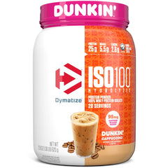 Dymatize ISO100 Hydrolyzed 100% Whey Isolate Protein Powder in Dunkin' Cappuccino Flavor, 25g Protein, 95mg Caffeine, 5.5g BCAAs, Gluten Free, Fast Absorbing, Easy Digesting, 610g