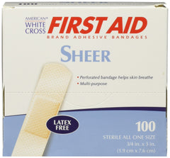 American White Cross Adhesive Bandages, Sheer Strips, 3/4" x 3", Box of 100