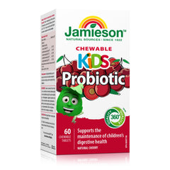 Jamieson Chewable Probiotic for Kids 5 Billion CFU Natural Cherry Flavour, Digestive and Intestinal Health, Supports Healthy Gut Flora. With Bifidobacterium and Lactobacillus, Non-GMO, No Artificial Colours, Flavours, or Preservatives, 60 Count