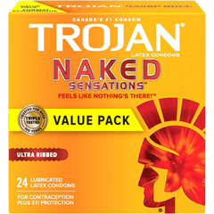 TROJAN Naked Sensations Ultra Ribbed Lubricated Latex Condoms, Feel the Pleasure & Not the Condom, Deep Ribs For Enhanced Experience, Special Reservoir Tip for Added Safety, 24 Count (Pack of 1)