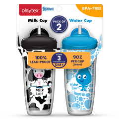 Playtex Baby Sipsters Straw Sippy Cup for 12+ Months, 9 Ounce (2 Count), Milk & Water Design, Insulated Toddler Water Bottle for Kids, Spill-Proof Cups for Toddlers 1-3, Stage 3
