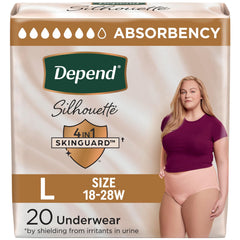 Depend Silhouette Adult Incontinence and Postpartum Underwear for Women, Large, Maximum Absorbency, Pink, 20 Count