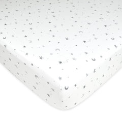 American Baby Company Printed 100% Cotton Jersey Knit Fitted Crib Sheet for Standard Crib and Toddler Mattresses, Grey Stars and Moon, for Boys and Girls 52x28x5 Inch (Pack of 1)