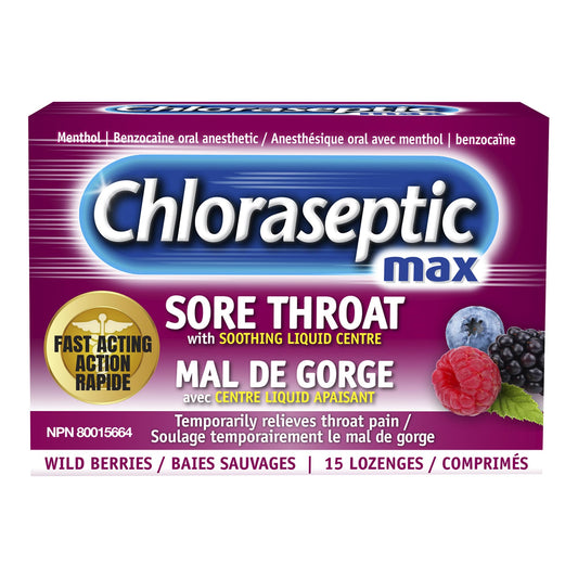 Chloraseptic Maximum Strength Sore Throat Lozenges with soothing liquid centre - Wild Berries, 15 lozenges