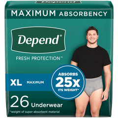 Depend FIT-FLEX Adult Incontinence Underwear for Men, Maximum Absorbency, XL, Grey, 26 Count