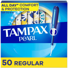 Tampax Pearl Tampons, with LeakGuard Braid, Regular Absorbency, Up to 100% Leak and Odor Free Protection, Unscented, 50 Count
