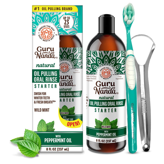 GuruNanda Starter Pulling Oil Mouthwash for Natural Teeth Whitening, Coconut and Peppermint Oil for Fresh Breath & Happy Gums, with Toothbrush & Tongue Scraper, Alcohol-Free, 8 Oz