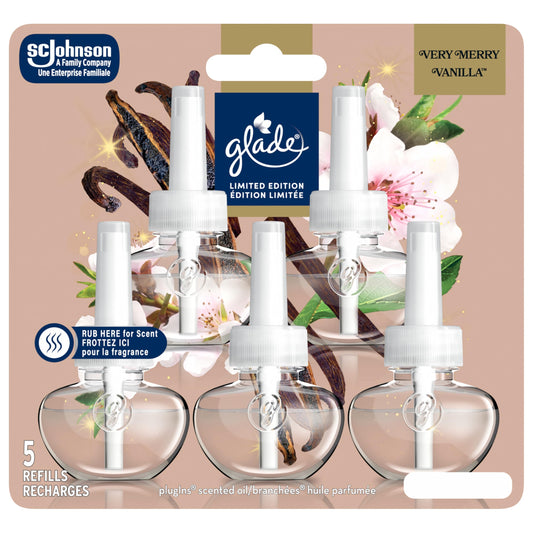 Glade Delicate Vanilla Embrace PlugIns Air Freshener Oil Refill, Scented and Essential Oils for Home and Bathroom, 5 Refills (Packaging May Vary)