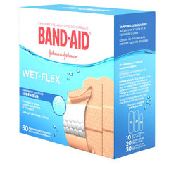 Band-Aid Water Resistant Wet-Flex Adhesive Bandages, Assorted Sizes Value Pack, Small, Regular, Large, 60 Bandages
