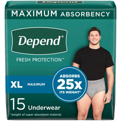 Depend FIT-FLEX Adult Incontinence Underwear for Men, Maximum Absorbency, XL, Grey, 15 Count
