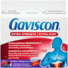 Gaviscon Extra Strength Tablets - 4 Count - Portable Chewable Foaming Antacid Tablets for Day & Night Heartburn Relief, Acid Reflux and GERD Relief, Fruit Blend - Free of Aluminum, Lactose and Gluten